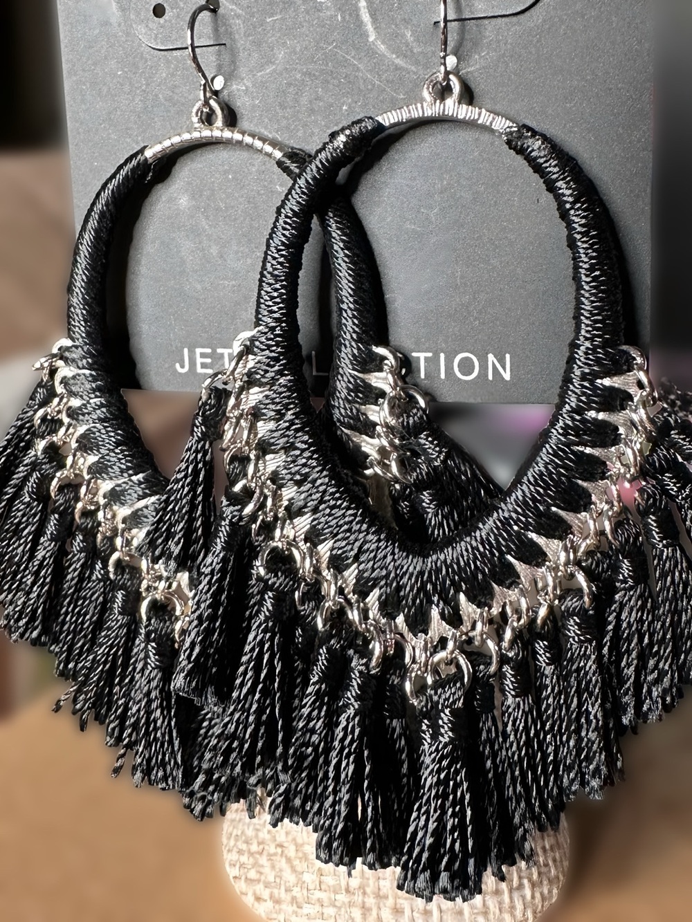 5/$25 😻 MIXIT Black Fringe Hoop Earrings with Silver Chain Accents - Picture 2 of 2